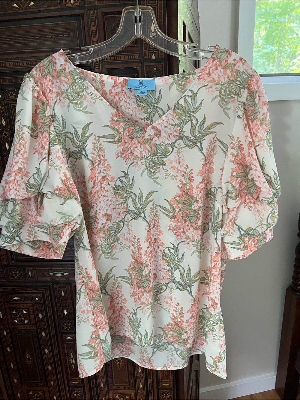 CeCe Cream Blouse with Pink Floral Print and Green Leaves